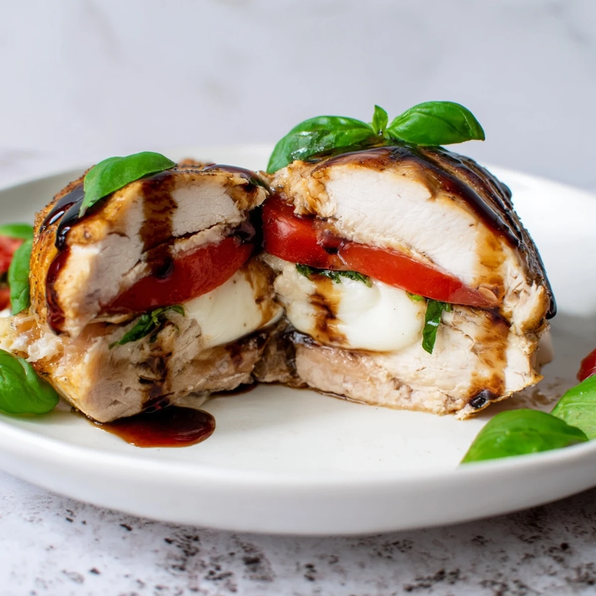 Close-up of a Caprese Stuffed Chicken Breast cut open to reveal a pocket of gooey mozzarella and vibrant red tomato and green basil.