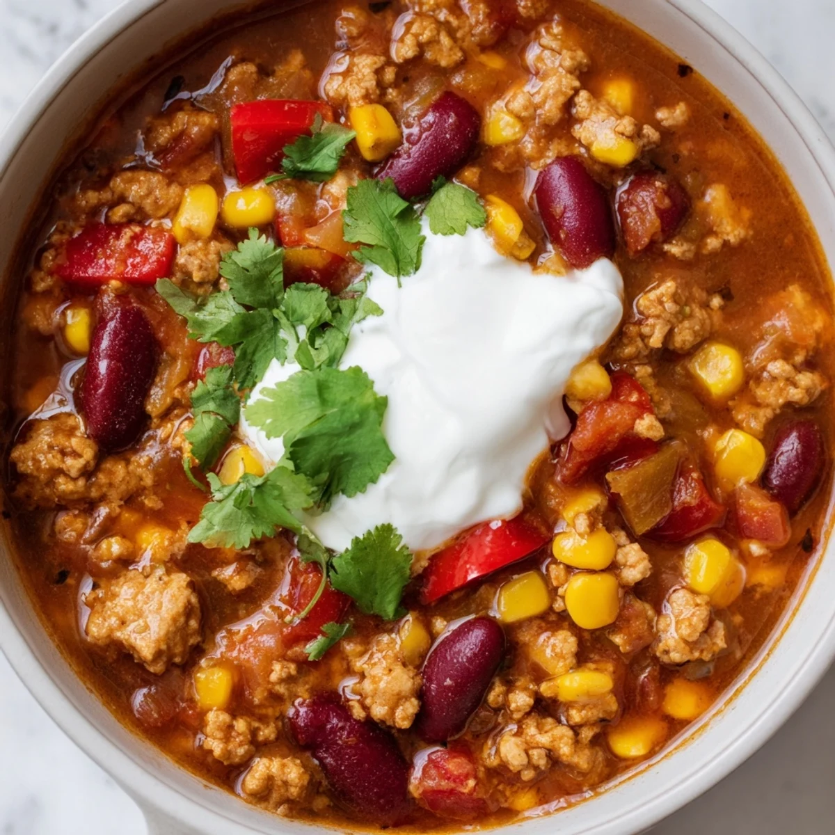 Close-up of a steaming bowl of Turkey Chili with Kidney Beans and Corn, garnished with fresh cilantro.