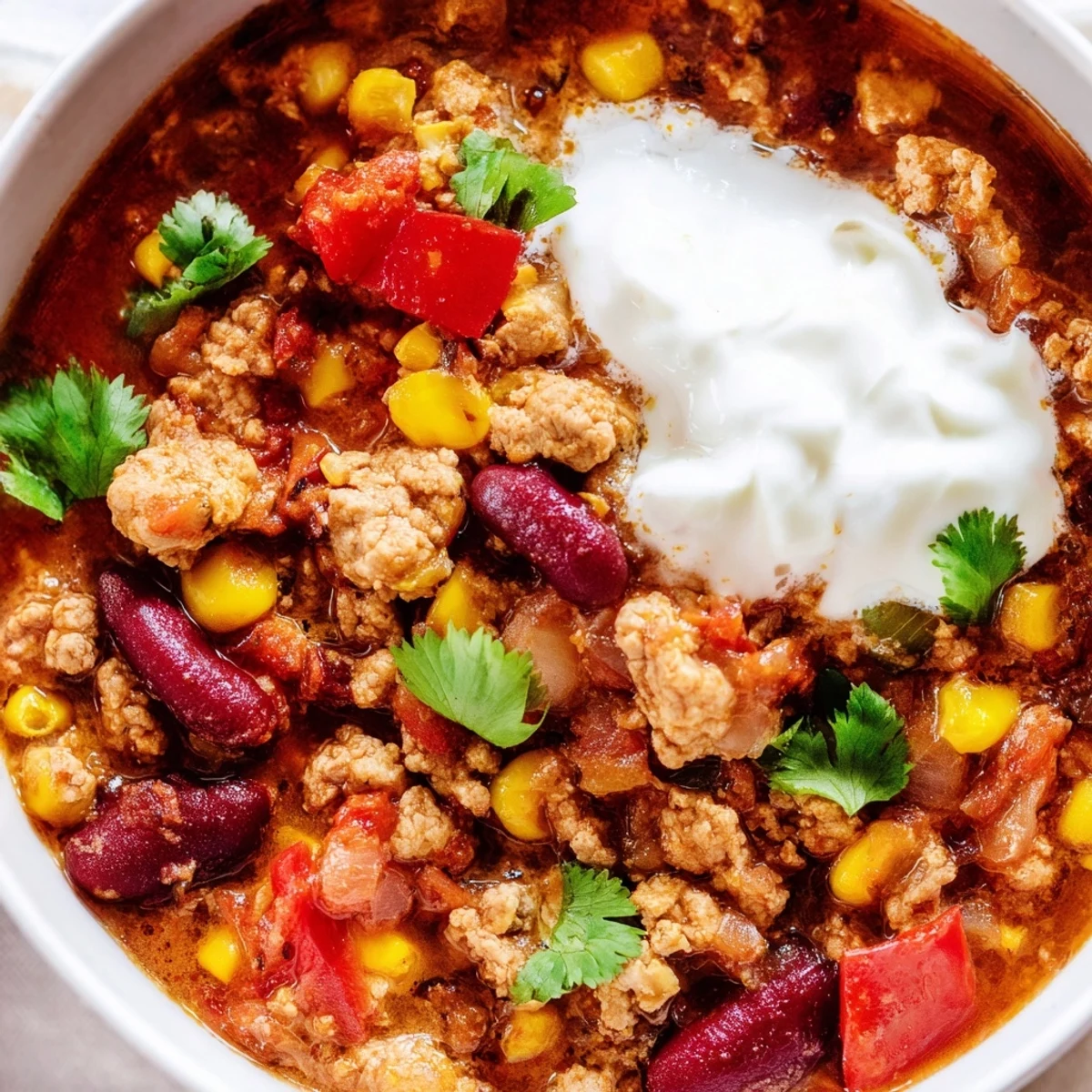 Spoon lifting a savory serving of Turkey Chili with Kidney Beans and Corn from a white ceramic bowl.