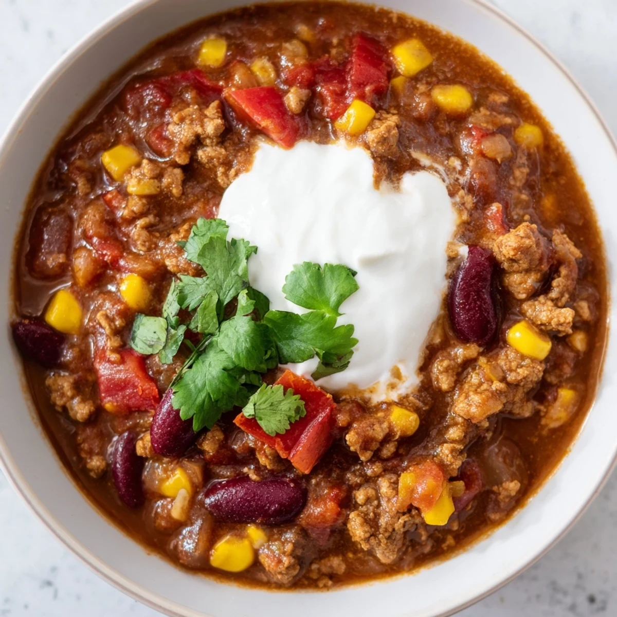 A rustic pot of hearty Turkey Chili with Kidney Beans and Corn, simmering with rich red tomatoes and spices.