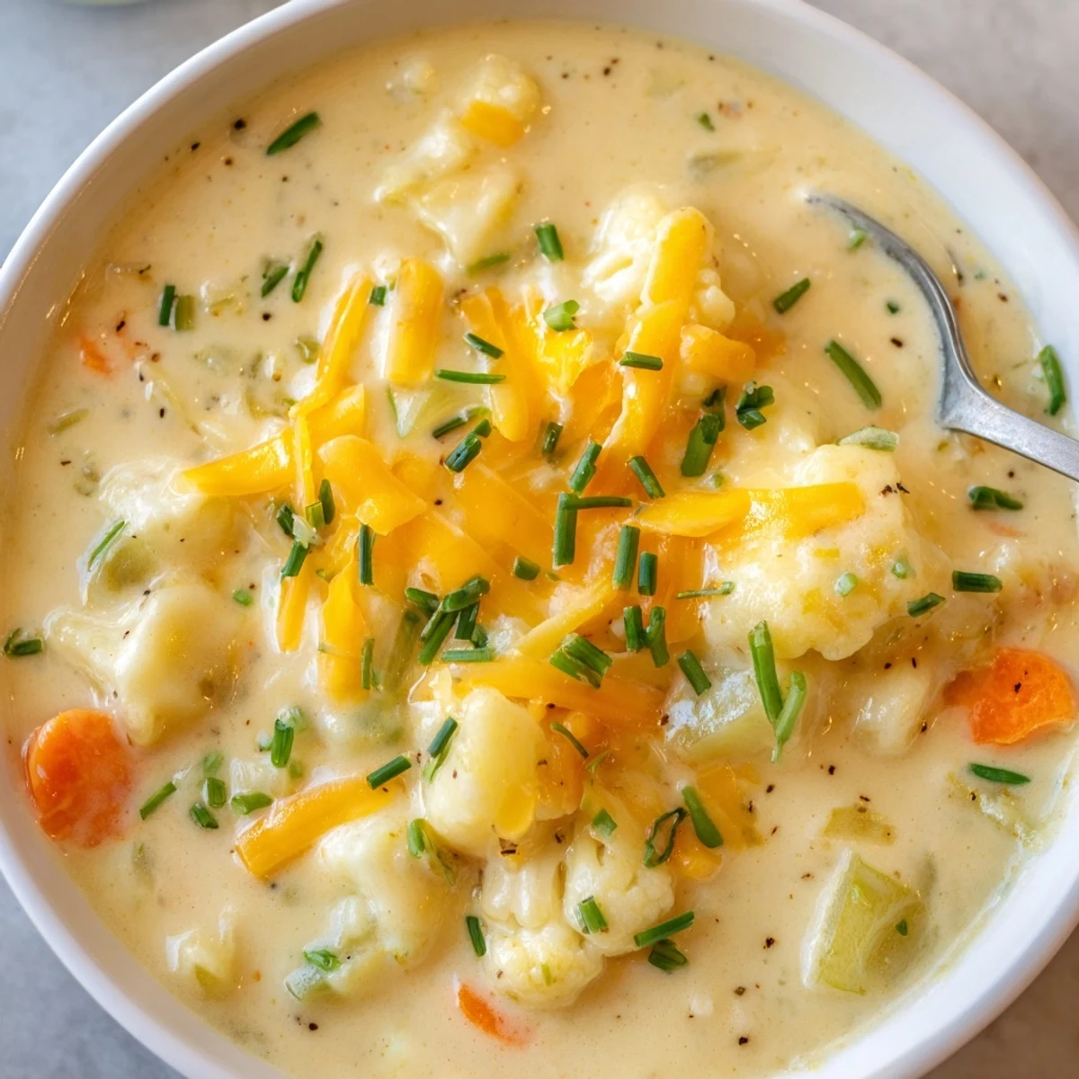 Garnished with fresh chives and shredded cheddar, Creamy Cauliflower Chowder with Cheddar Cheese pairs perfectly with crusty bread for dipping.