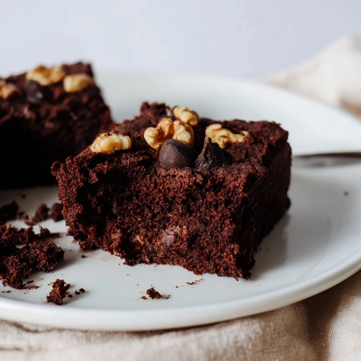 Decadent Gluten Free Almond Flour Brownies studded with chocolate chips and chopped walnuts on a rustic wooden table.
