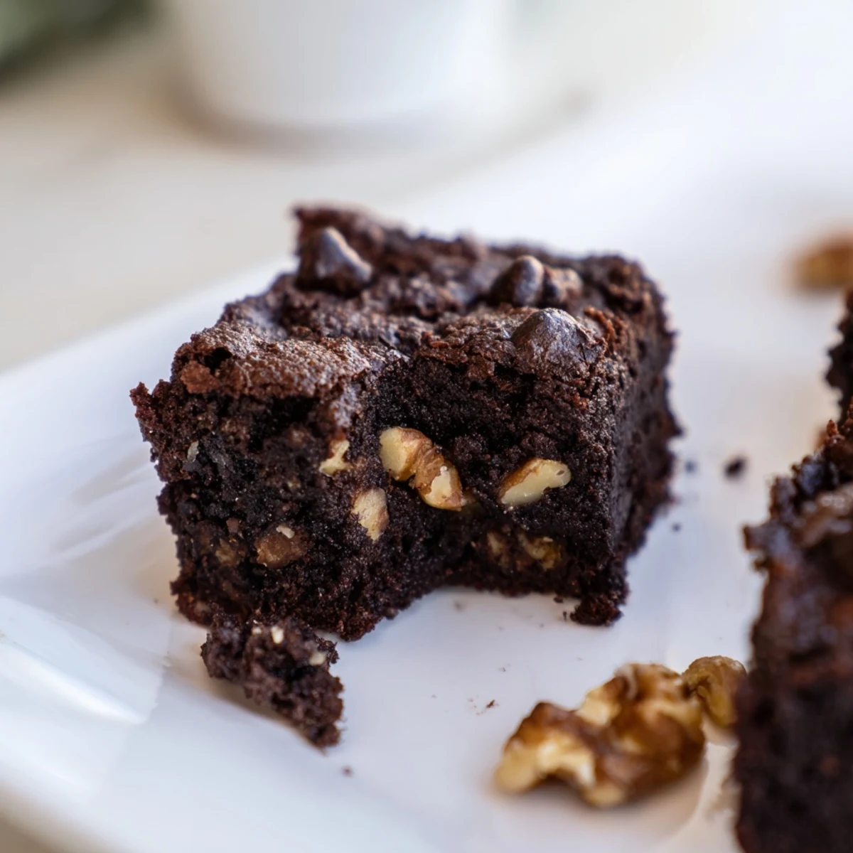 Freshly baked, rich fudgy Gluten Free Almond Flour Brownies cut into squares, revealing a dense chocolate interior.