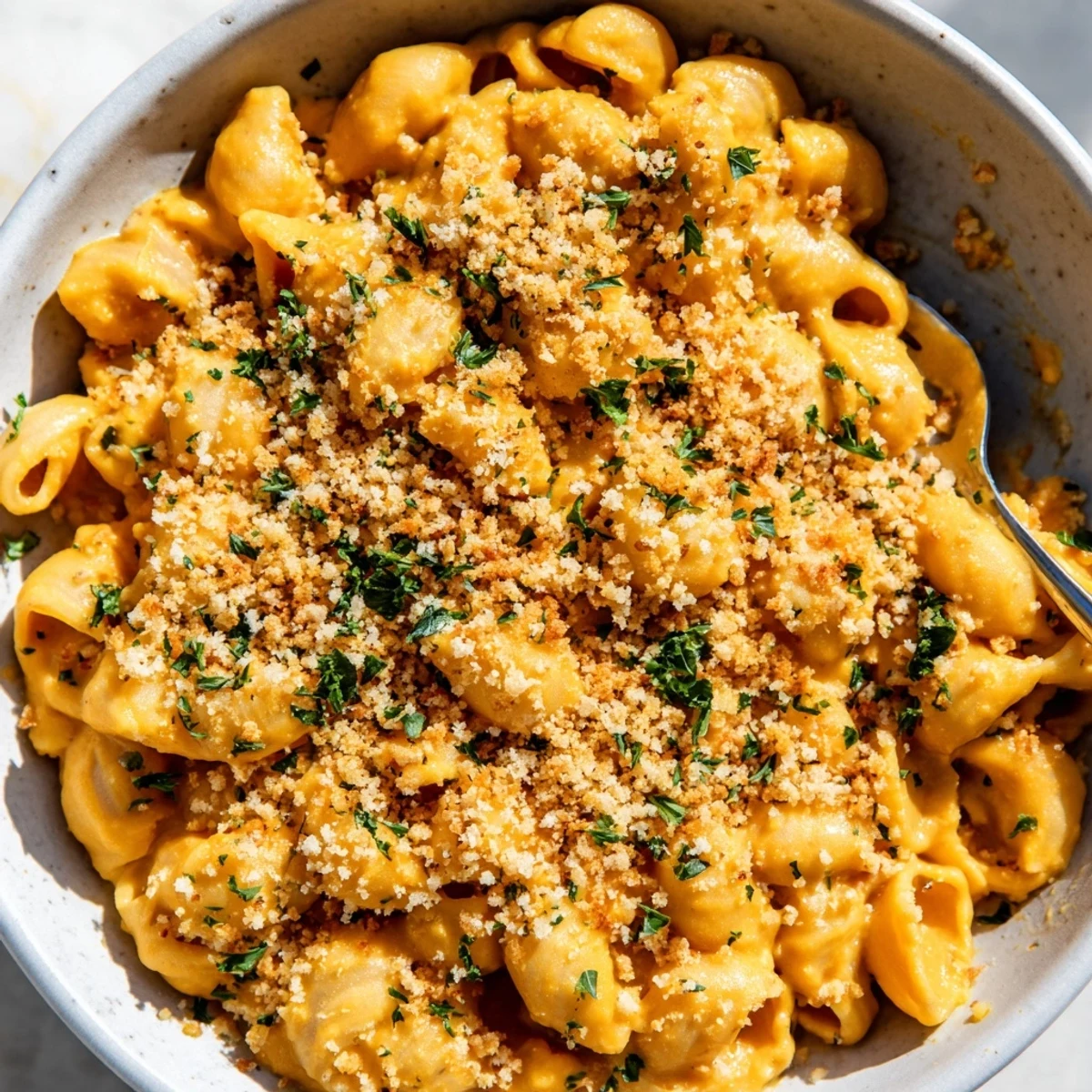 Golden roasted butternut squash mac and cheese served in a white bowl, topped with fresh parsley.