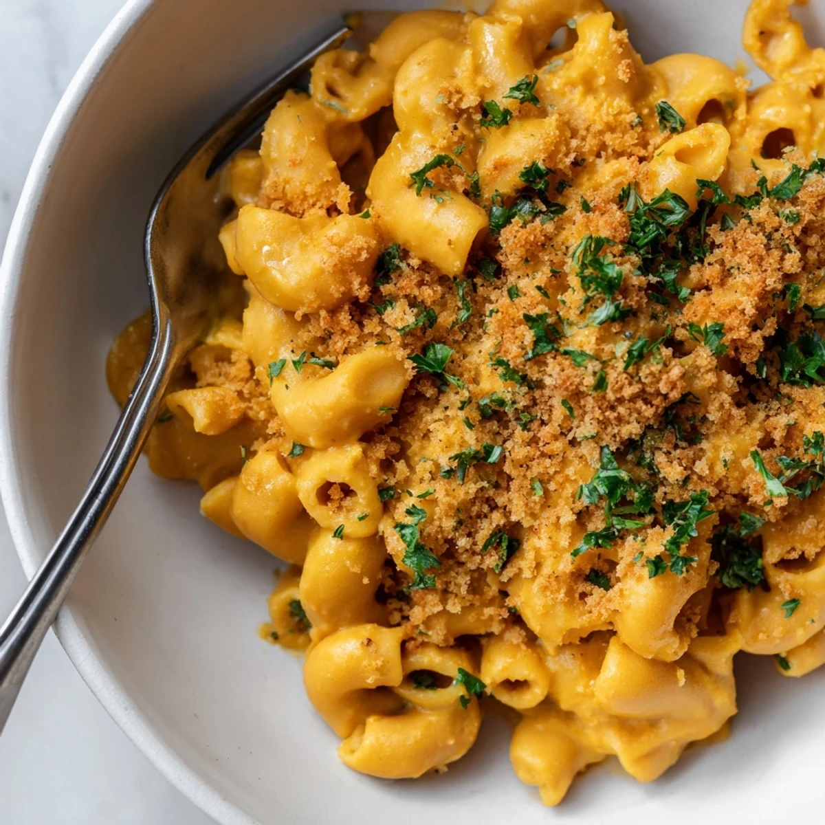 Homemade butternut squash mac and cheese garnished with panko breadcrumbs and fresh herbs.