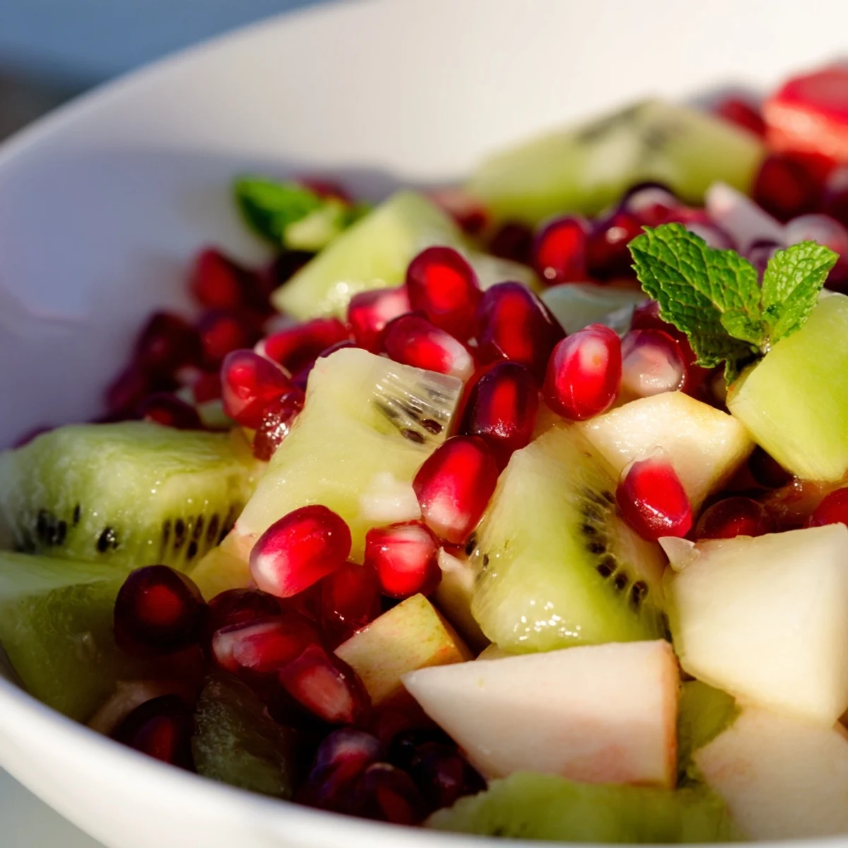 Winter Fruit Salad with Pomegranate and Lime topped with ruby seeds and a honey-lime drizzle.