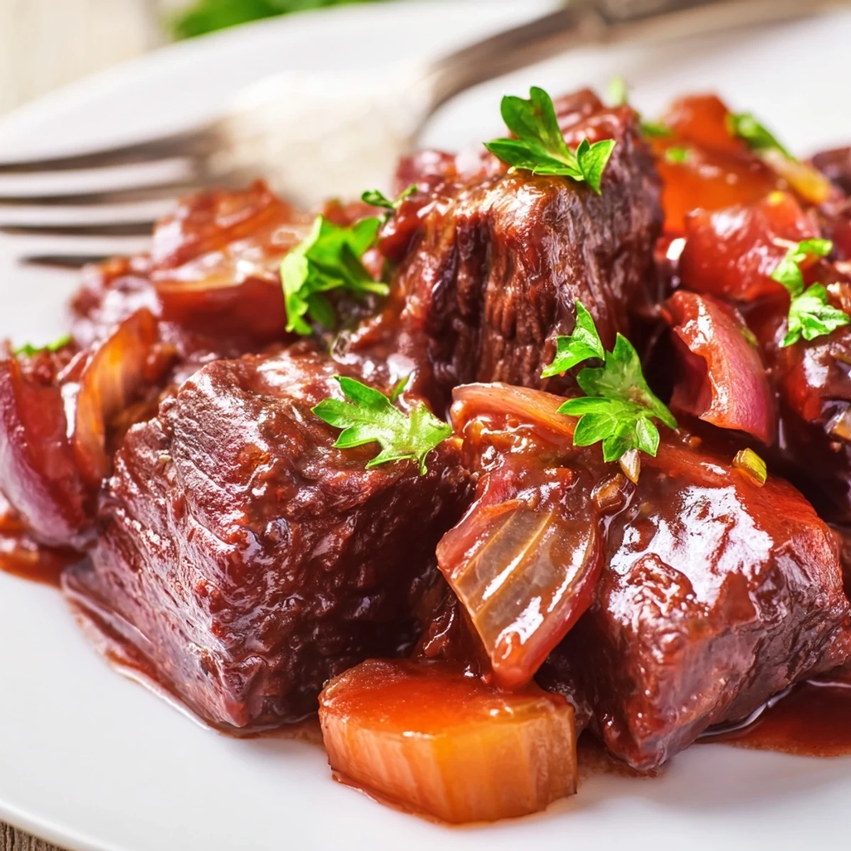 Fork-tender Braised Beef Chuck with Red Onions swimming in a glossy red wine sauce, served over creamy mashed potatoes for a comforting meal.