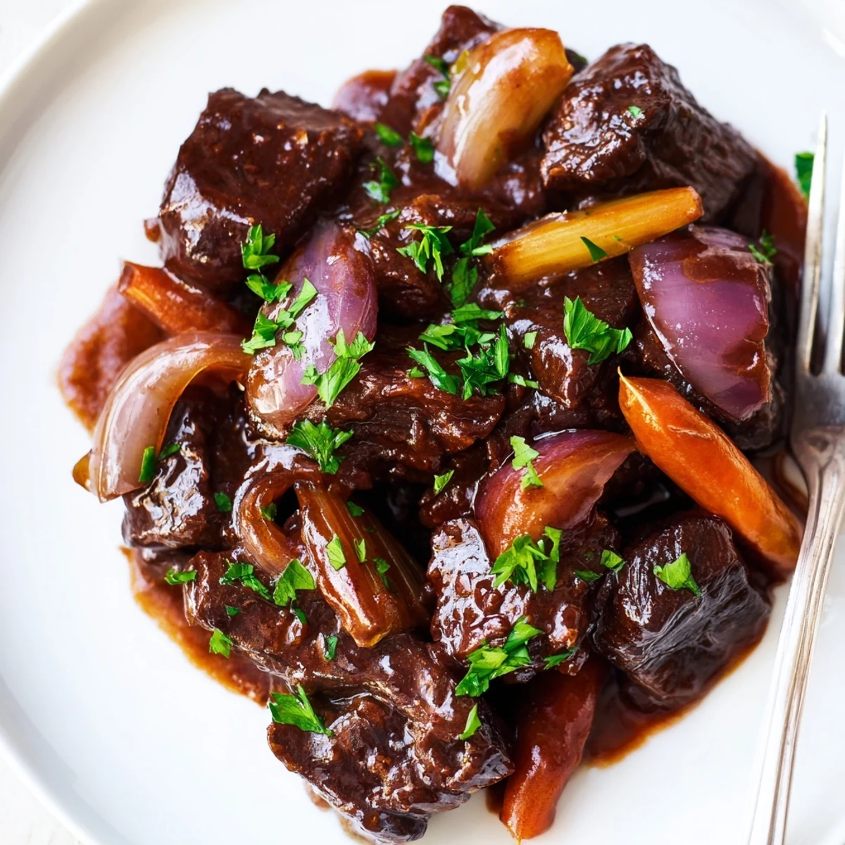 A hearty Dutch oven pot of Braised Beef Chuck with Red Onions, featuring tender beef cubes and caramelized onions garnished with fresh parsley.
