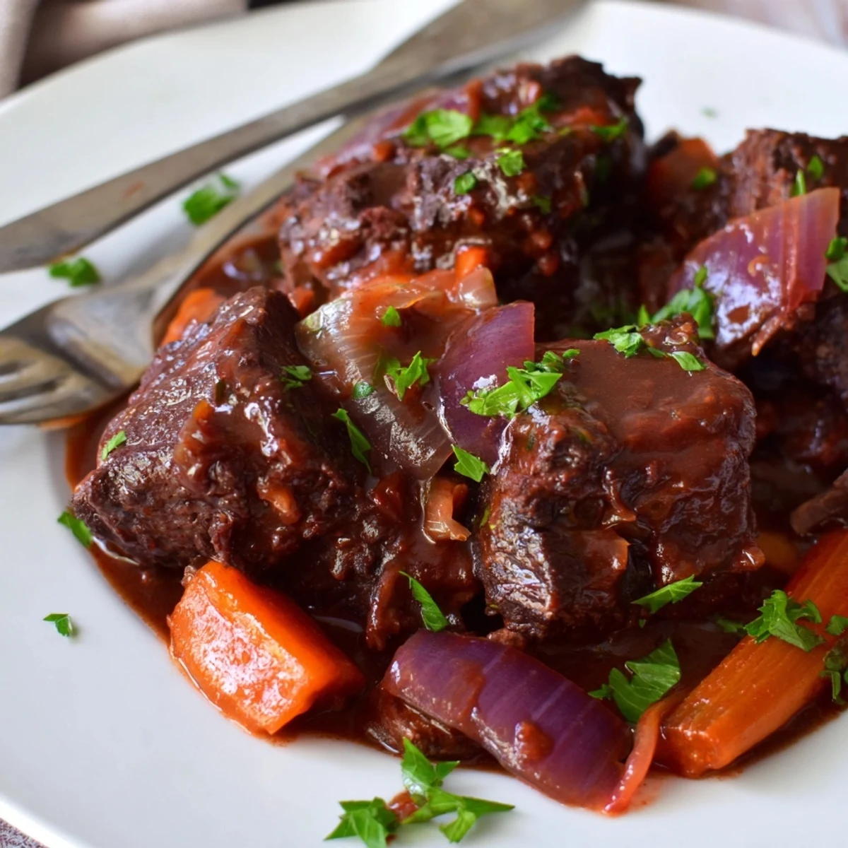 Rich, aromatic Braised Beef Chuck with Red Onions in a deep red wine reduction, paired with carrots and celery for a rustic dinner.