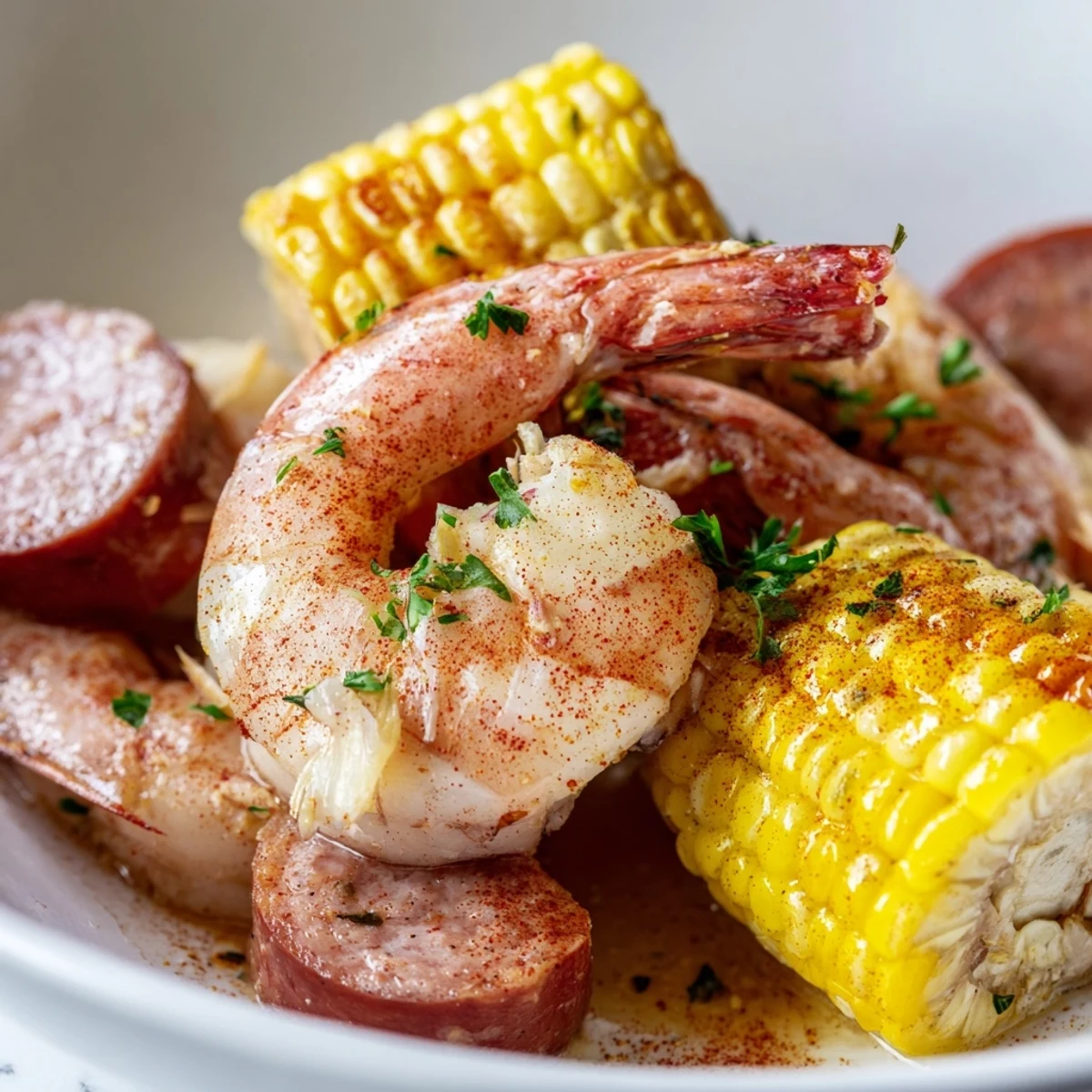 Festive Spicy Cajun Shrimp Boil with corn, sausage, and potatoes arranged on a platter, ready for a summer feast.
