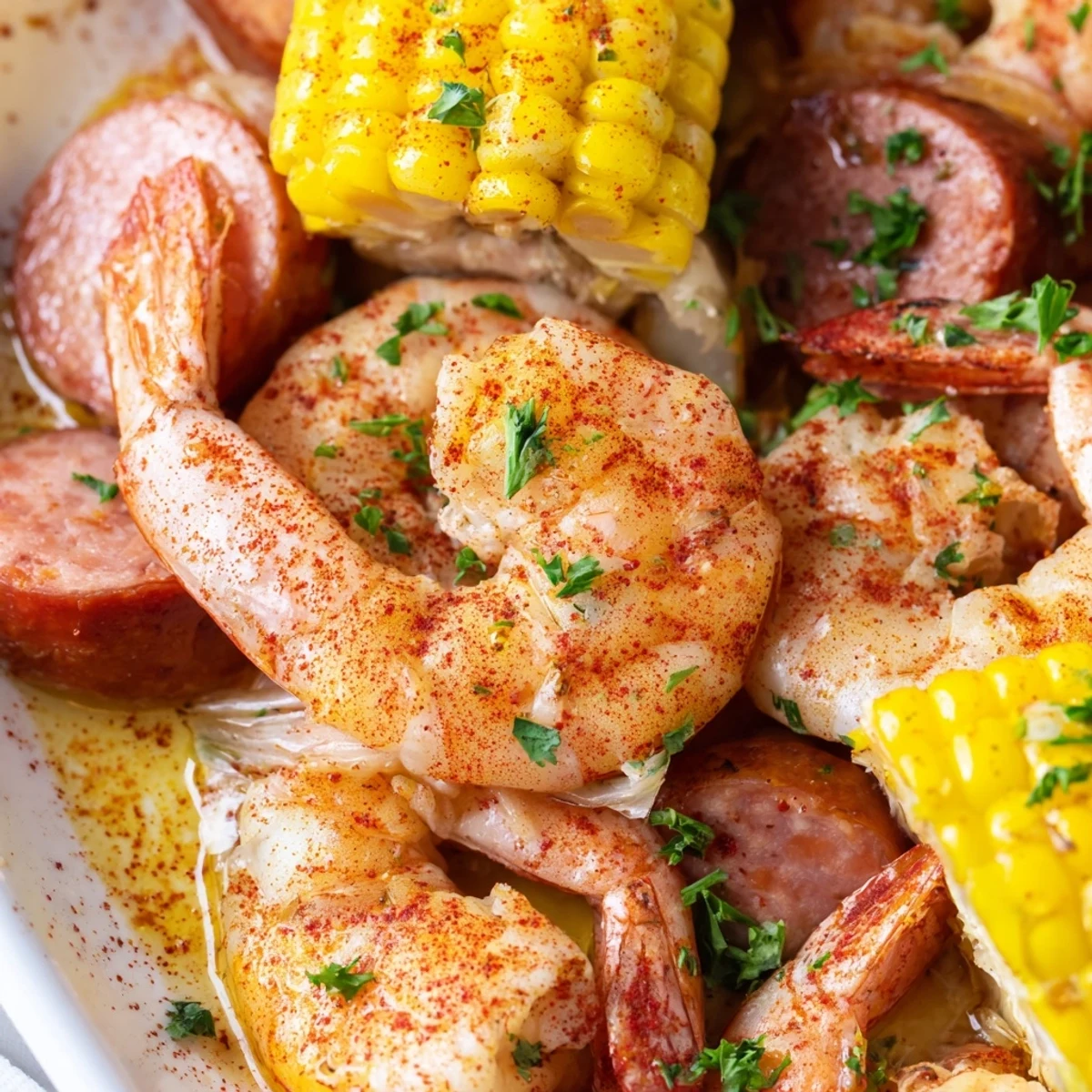 A steaming pot of Spicy Cajun Shrimp Boil featuring red potatoes, corn, and Andouille sausage, perfect for sharing.