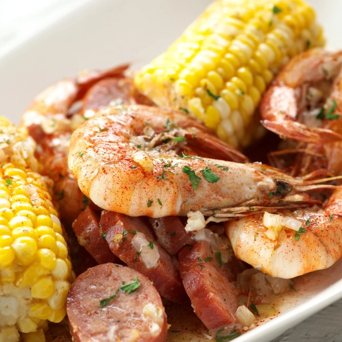 A close-up of Spicy Cajun Shrimp Boil with glistening shrimp, buttery broth, and bright lemon wedges.