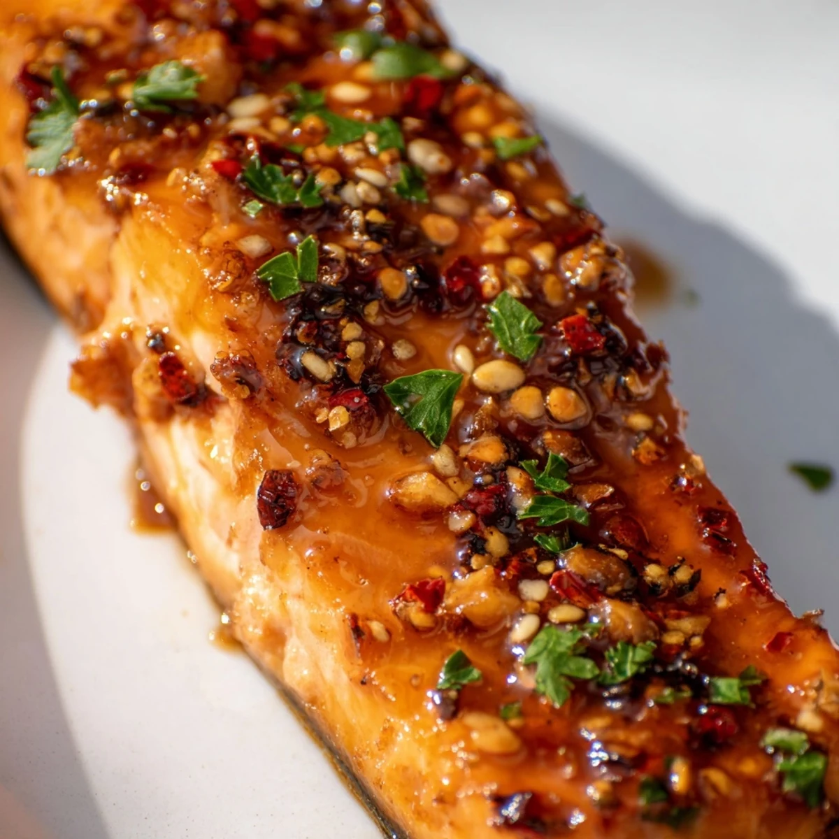 Glossy Honey Garlic Glazed Salmon Steaks resting on a platter, highlighted by vibrant lemon slices and fresh green herbs.