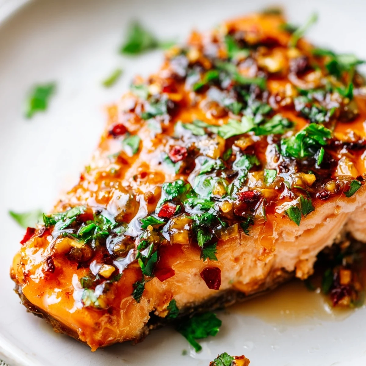 Freshly broiled Honey Garlic Glazed Salmon Steaks with a caramelized finish, garnished with parsley and served alongside lemon wedges.