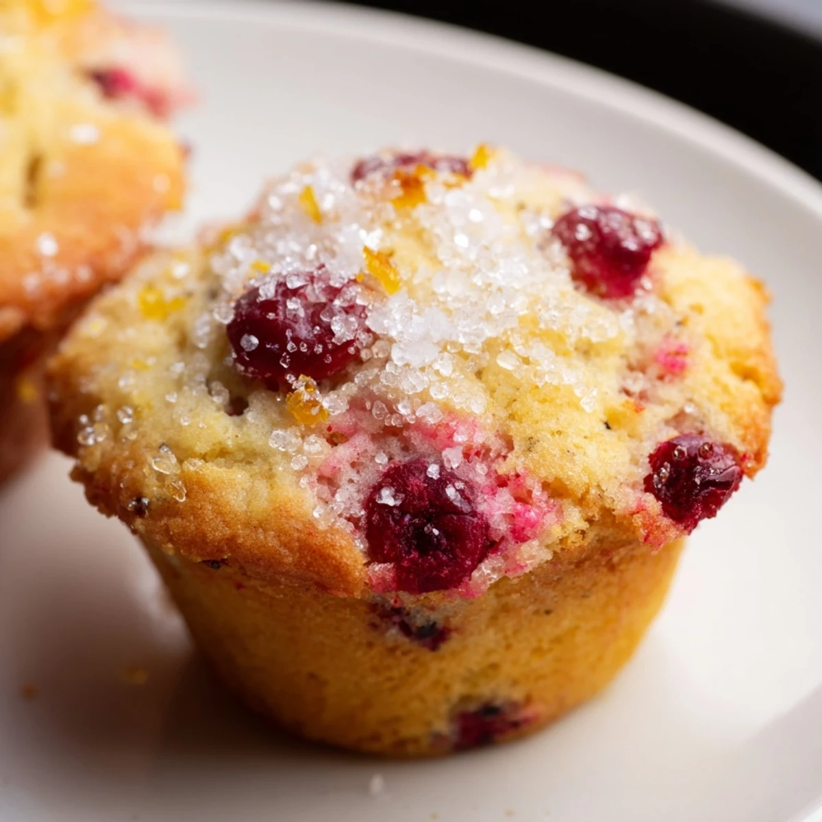 Freshly baked Orange Cranberry Breakfast Muffins on a cooling rack with vibrant red cranberries peeking through the golden crumb.