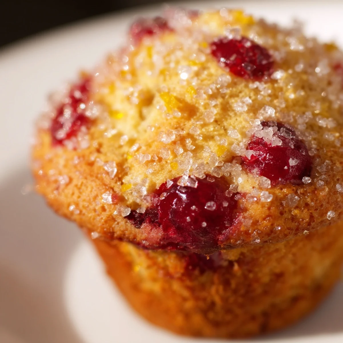 Warm Orange Cranberry Breakfast Muffins served on a white plate, accented with a smear of butter and a glass of orange juice.