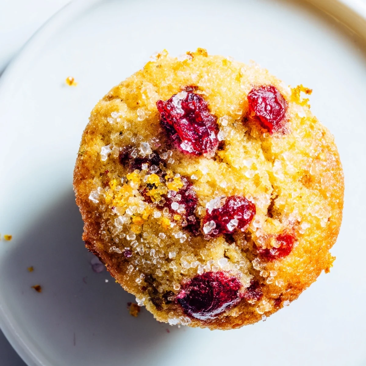 Close-up of a split Orange Cranberry Breakfast Muffin revealing a moist interior packed with tart cranberries and sweet orange zest.