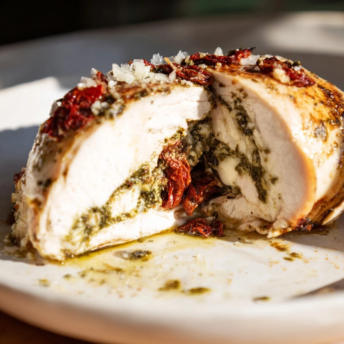 Golden-baked Stuffed Chicken Breast with Mozzarella and Pesto slices revealing melted, gooey cheese filling.