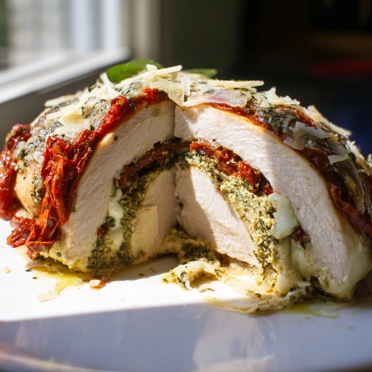Plated Stuffed Chicken Breast with Mozzarella and Pesto, garnished with fresh basil and Parmesan.