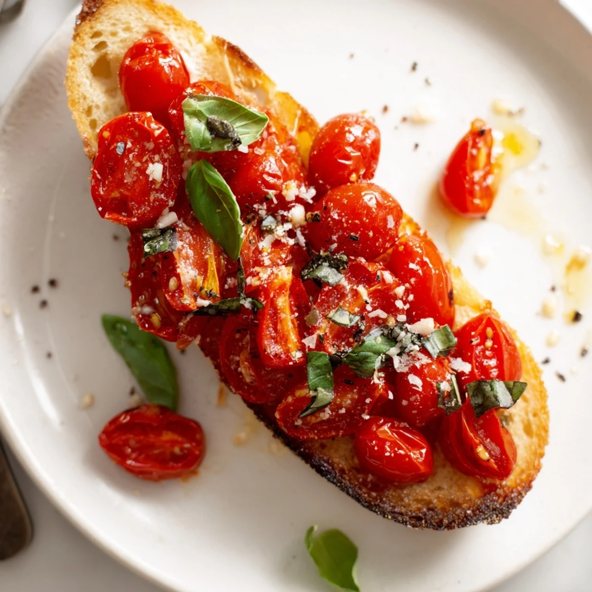 Freshly roasted cherry tomatoes, chopped basil, and garlic on golden olive oil-brushed bread for Roasted Tomato and Basil Bruschetta on Toast.