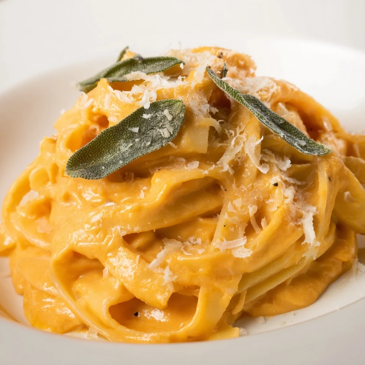 Creamy Pumpkin and Sage Pasta Sauce coats fettuccine in a glossy, velvety sauce served in a white bowl.