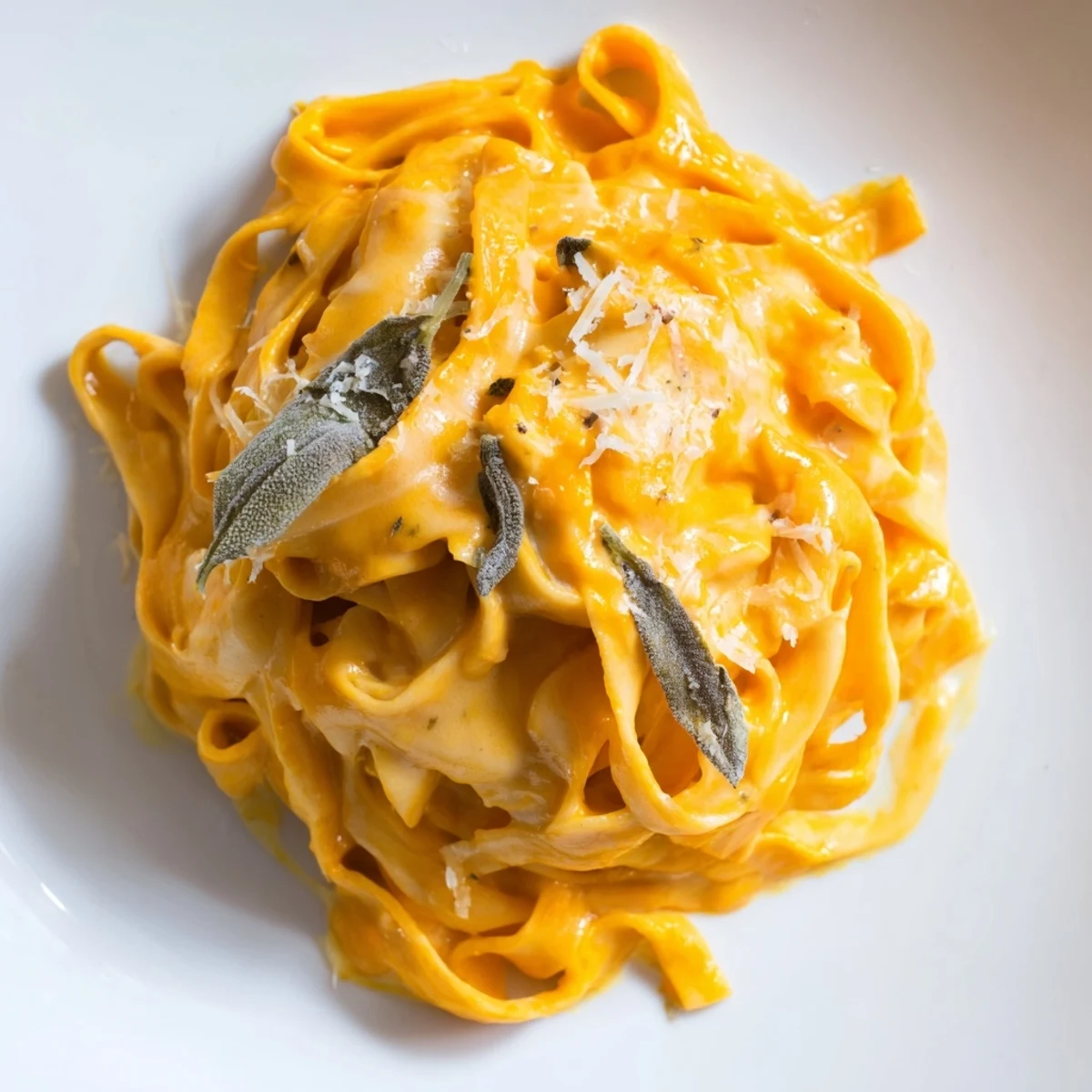 Creamy Pumpkin and Sage Pasta Sauce simmers in a skillet, garnished with fresh sage and grated Parmesan.