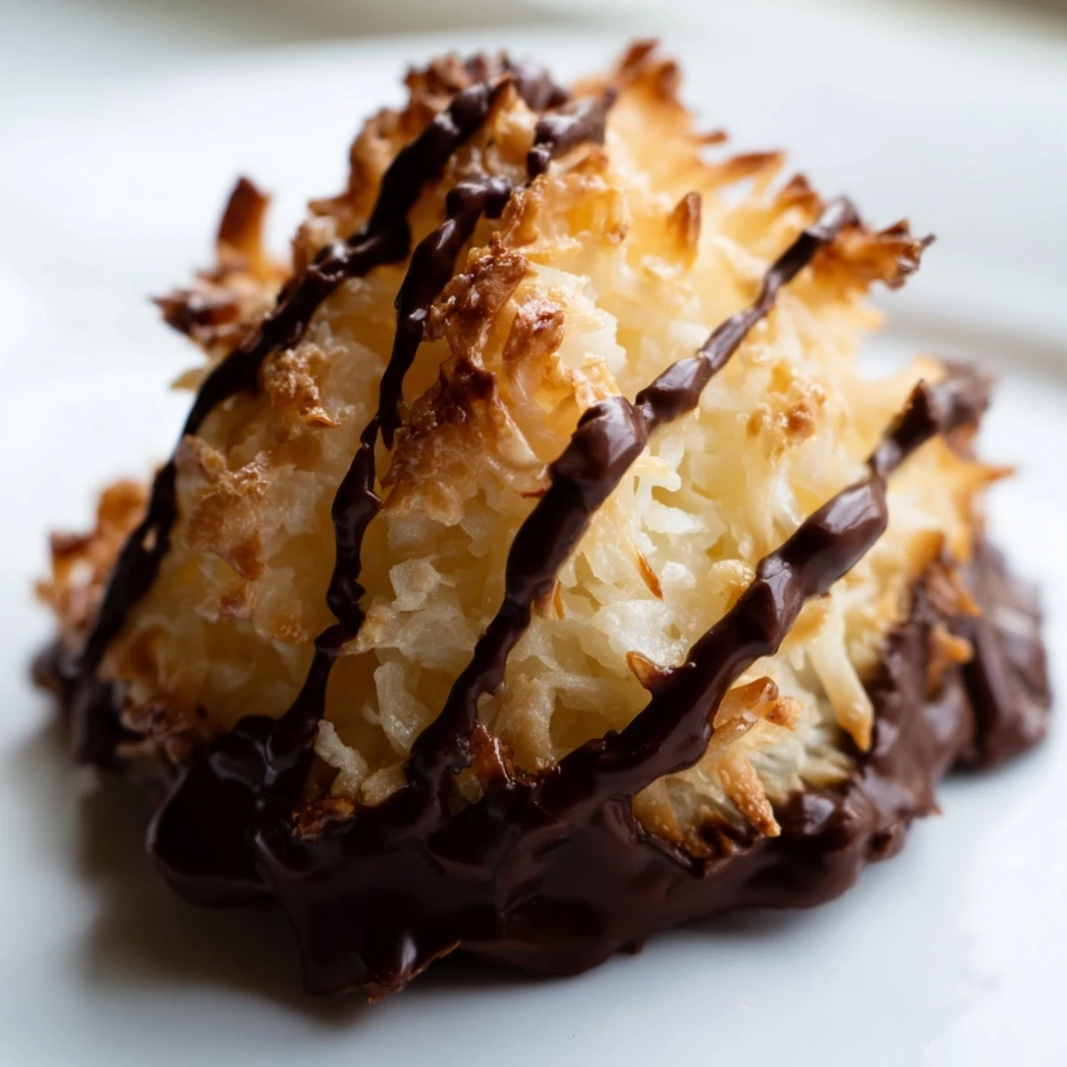 Freshly baked Coconut Macaroons with Chocolate Drizzle on a cooling rack, golden edges and gooey center.