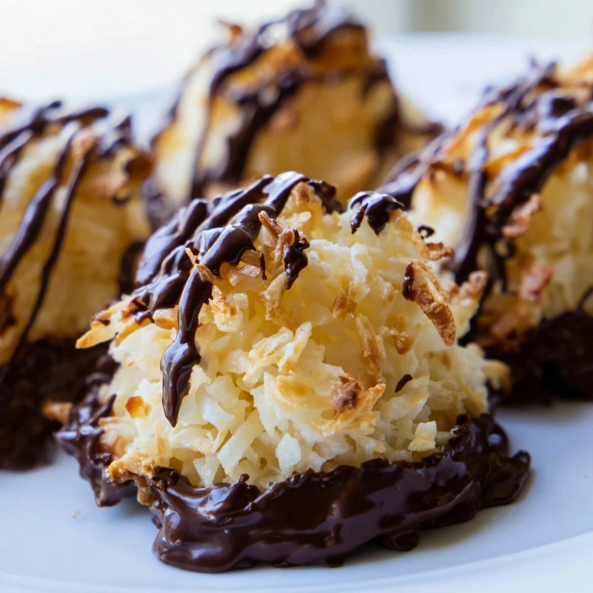 Gluten-free Coconut Macaroons with Chocolate Drizzle served on a dessert plate, perfect for holiday parties.