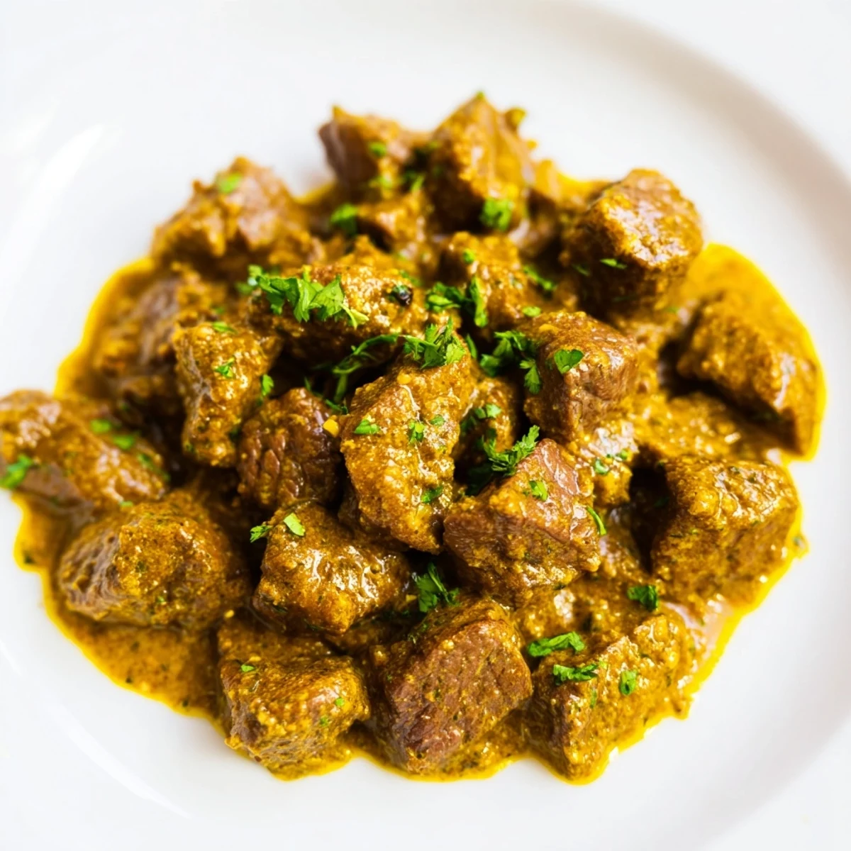 Steamed fluffy rice serves as the base for a hearty Beef Curry with Rice, topped with fresh cilantro and tender meat.