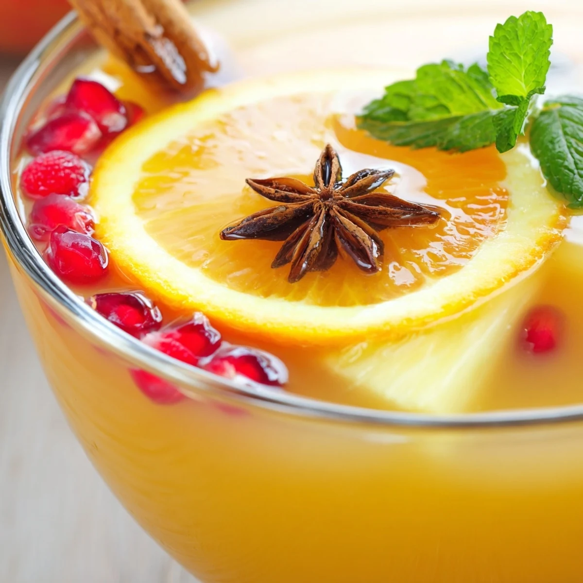 A warm spiced punch with fruit garnish, featuring orange and apple slices simmering with cinnamon and cloves in a steaming pot.