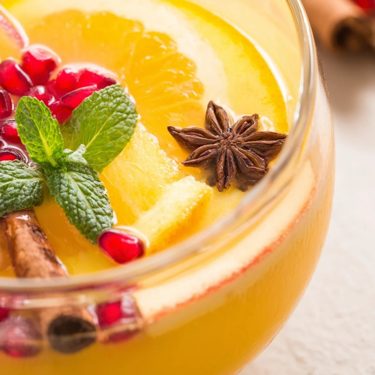A clear pitcher of spiced punch filled with colorful fruit slices, ready to be served chilled over ice for guests.