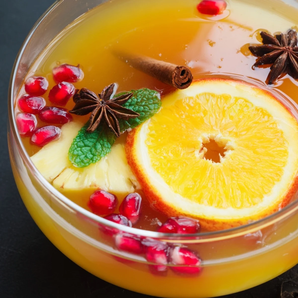 Fresh fruit garnishes the rim of a glass filled with spiced punch, showing apple and orange slices floating among spices.