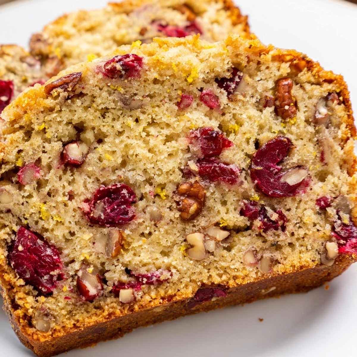 Warm slice of Cranberry Bread with Nuts on a white plate, revealing a moist interior filled with tart red berries and crunchy nuts.