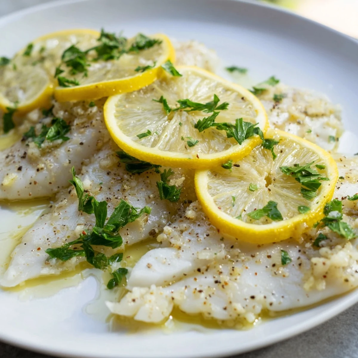 Perfectly cooked Baked Fish with Lemon served on a dinner plate alongside bright green roasted asparagus spears.