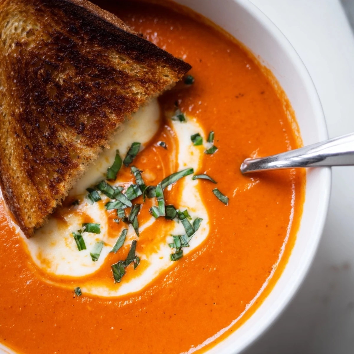 Creamy Tomato Basil Bisque with Grilled Cheese in a rustic bowl, steam rising beside golden, buttery sandwich wedges.