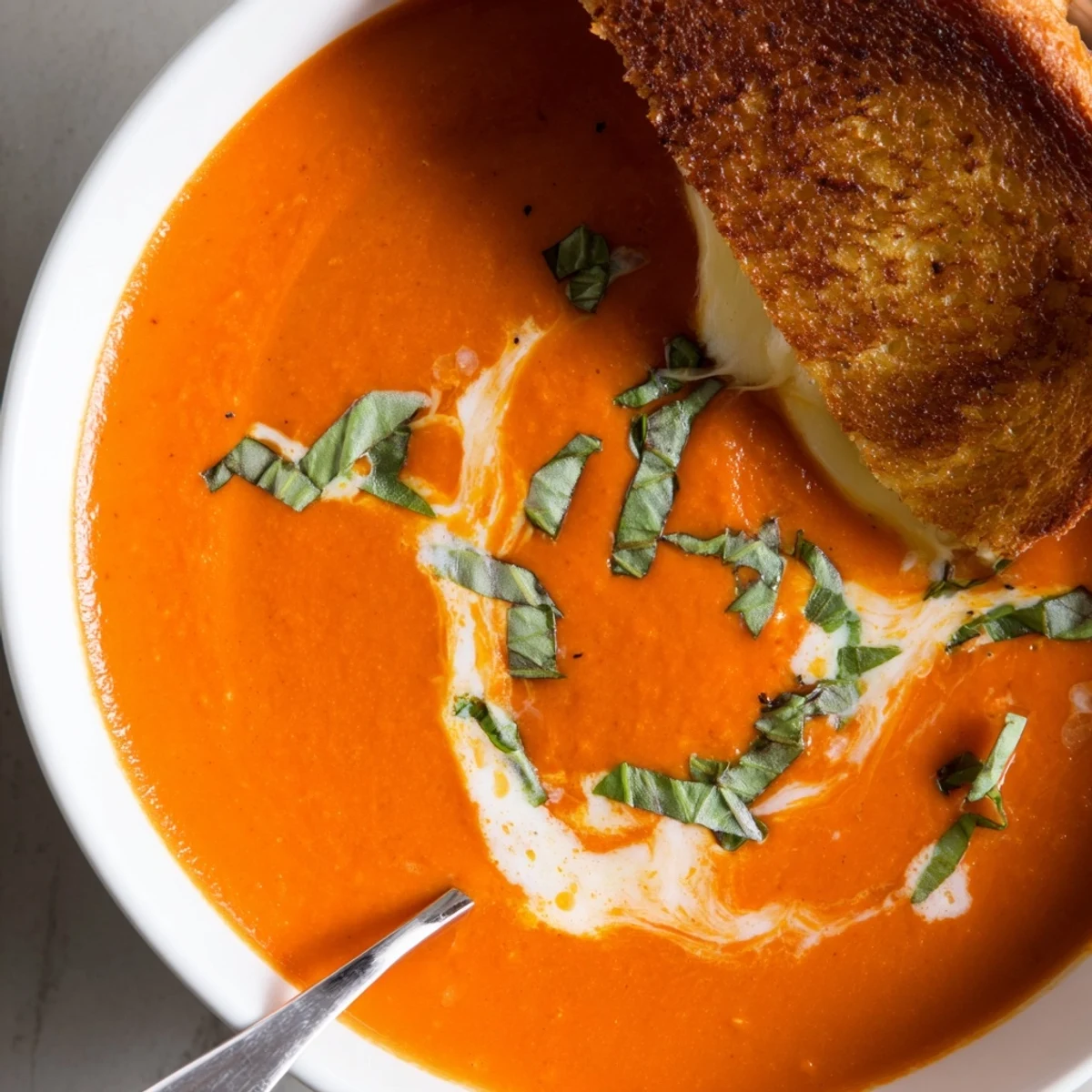 Steaming bowl of Creamy Tomato Basil Bisque with Grilled Cheese, featuring fresh basil garnish and gooey cheddar melting from the sandwich.