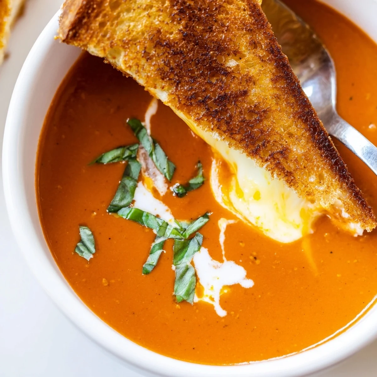 Serving of Creamy Tomato Basil Bisque with Grilled Cheese, ideal for cozy autumn dinners alongside a crisp green salad.