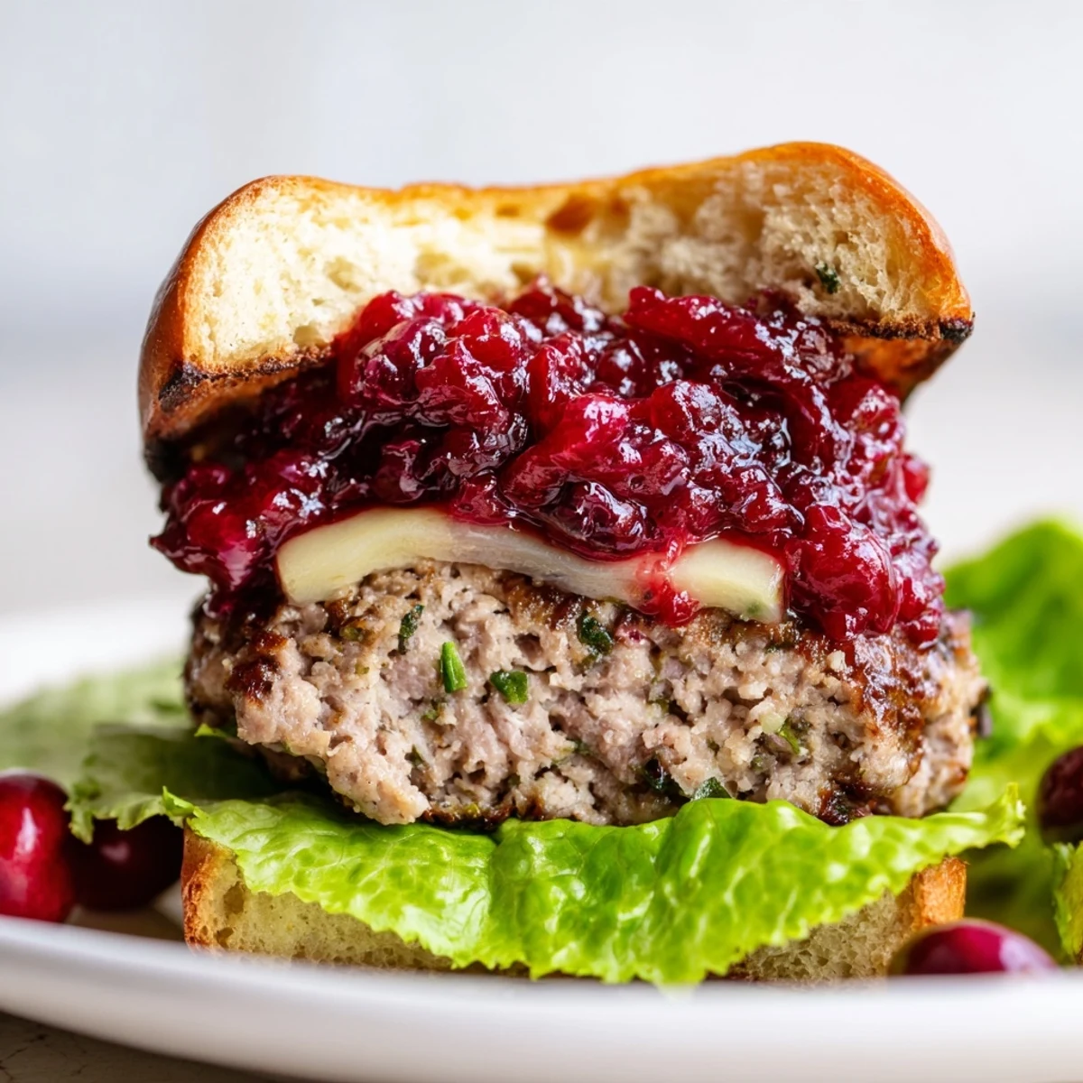 Close-up of a golden-brown Turkey Burger with Cranberry Sauce and Brie, with melty cheese oozing onto a toasted brioche bun.