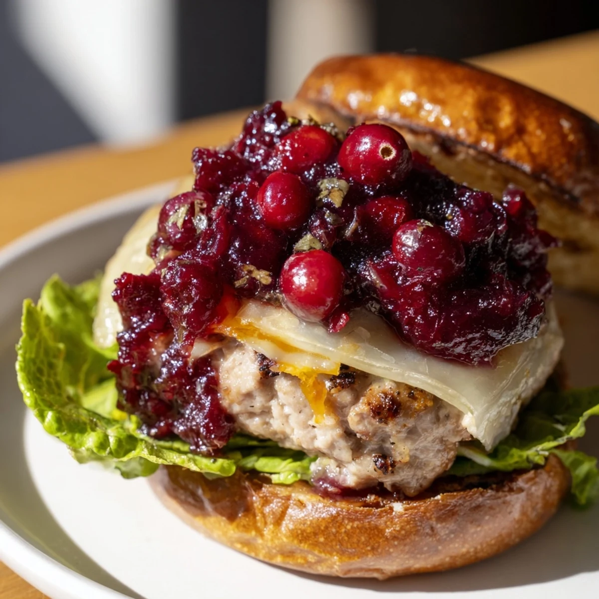 Plated Turkey Burger with Cranberry Sauce and Brie, garnished with crisp lettuce and red onion, served with sweet potato fries.