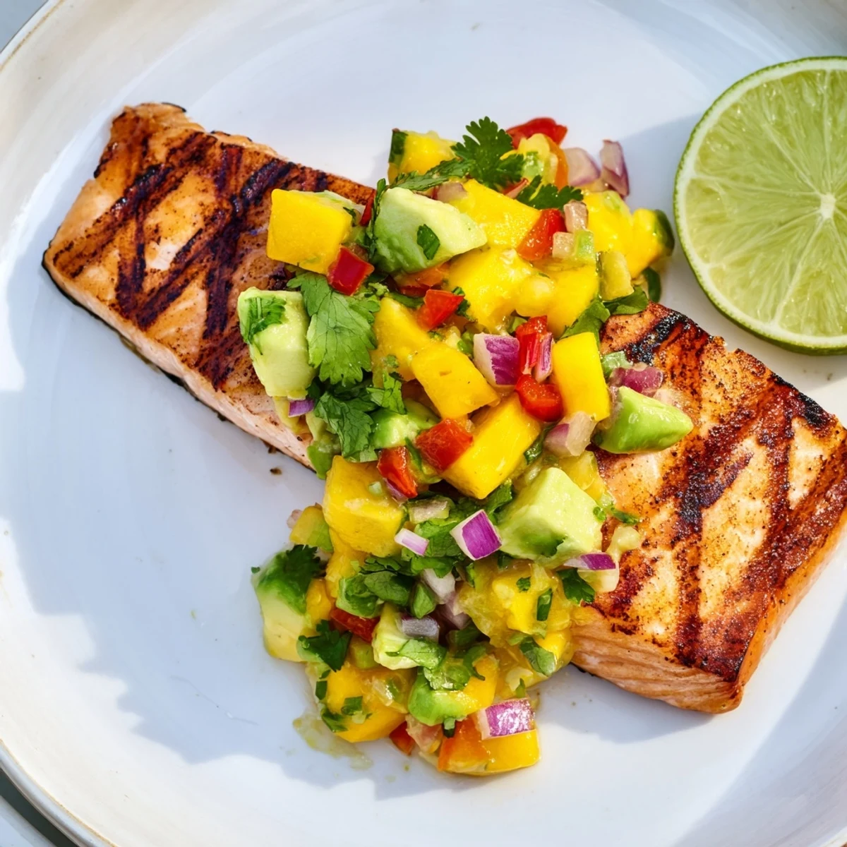 Perfectly grilled salmon fillets topped with fresh mango avocado salsa, ready to serve on a plate.