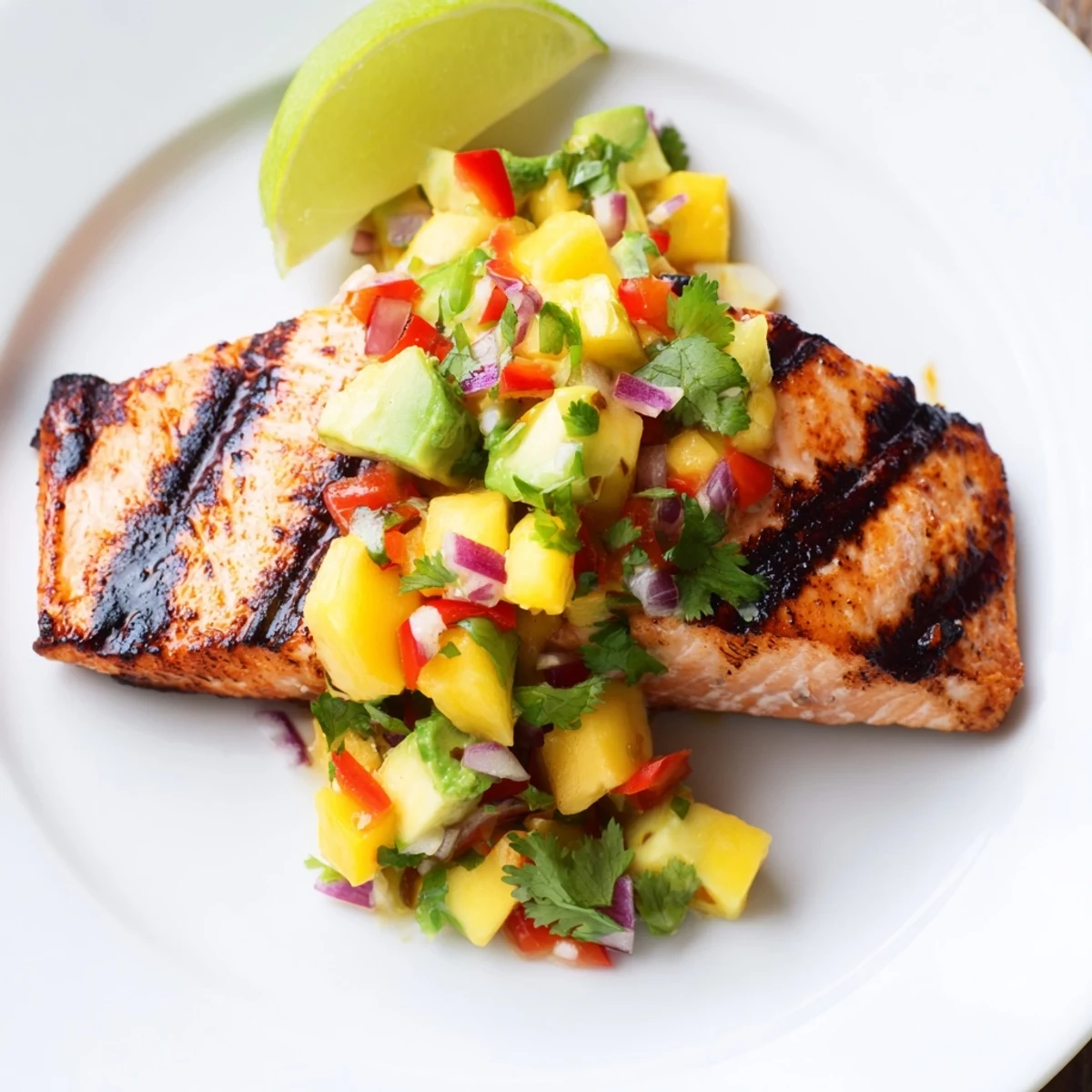 A close-up of juicy grilled salmon covered in vibrant mango avocado salsa beside lime wedges.