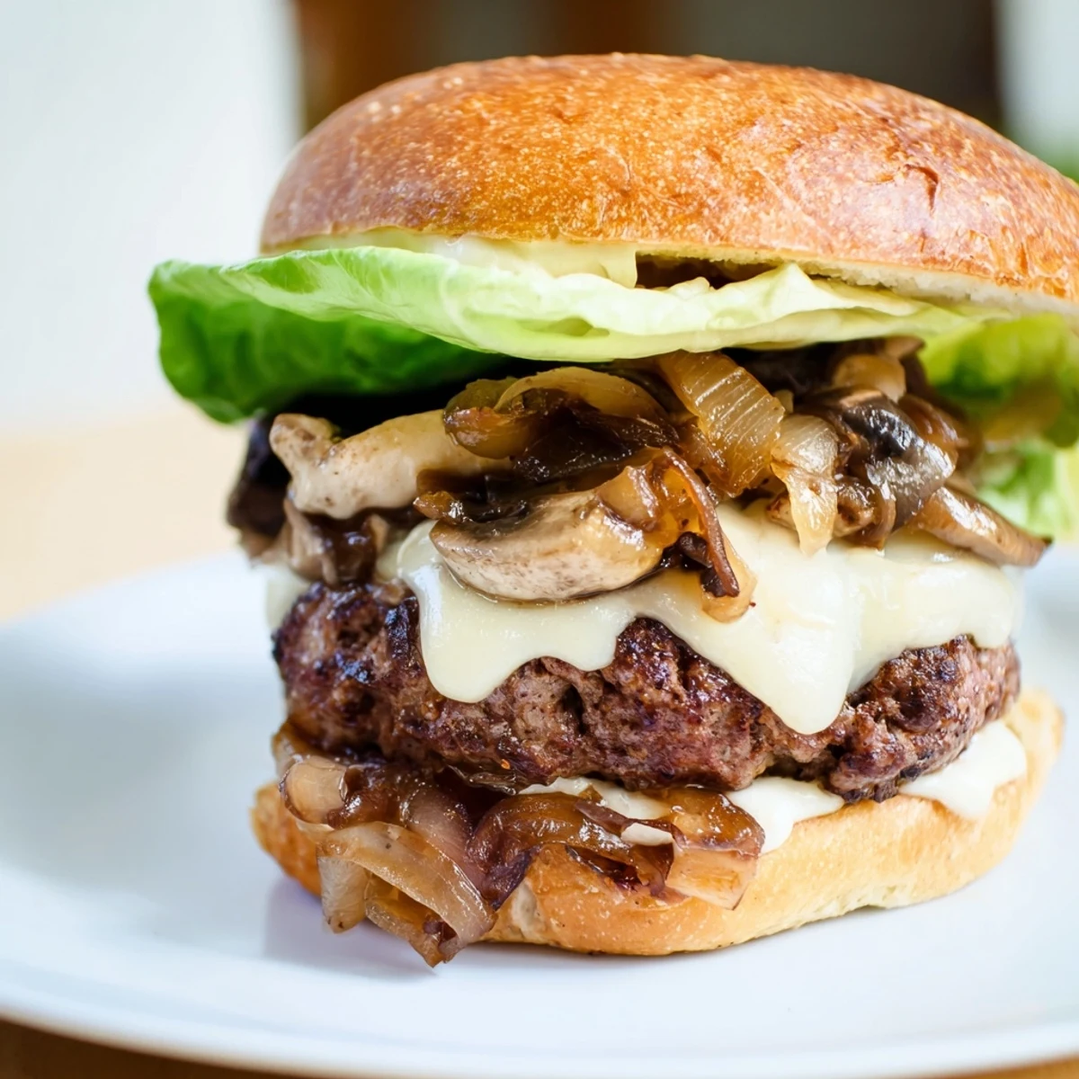 A toasted brioche bun holds a juicy beef patty with melted Swiss cheese, sautéed mushrooms, and sweet caramelized onions.