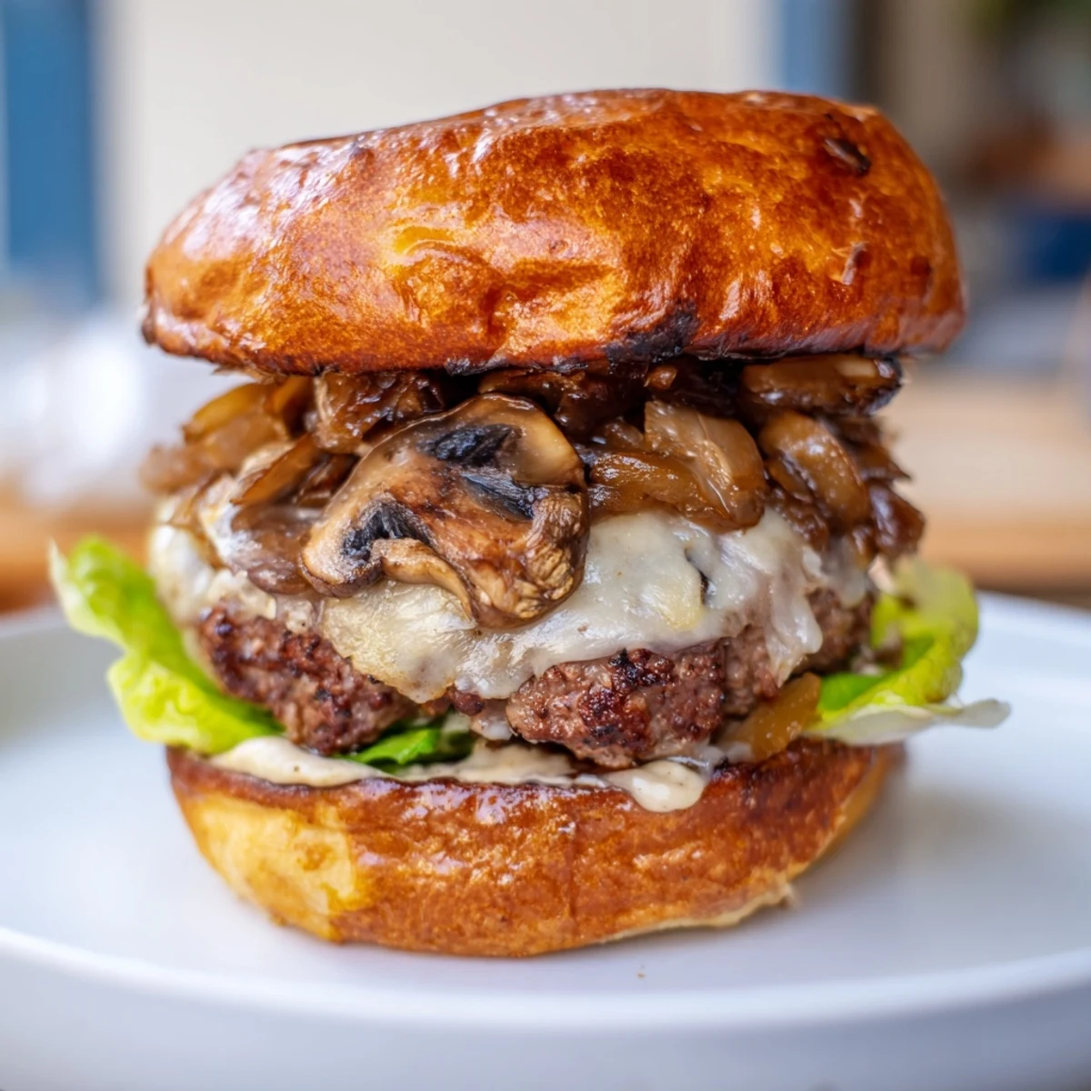 Golden caramelized onions and savory sautéed mushrooms crown this gourmet Mushroom and Swiss Burger, served on a toasted brioche bun.