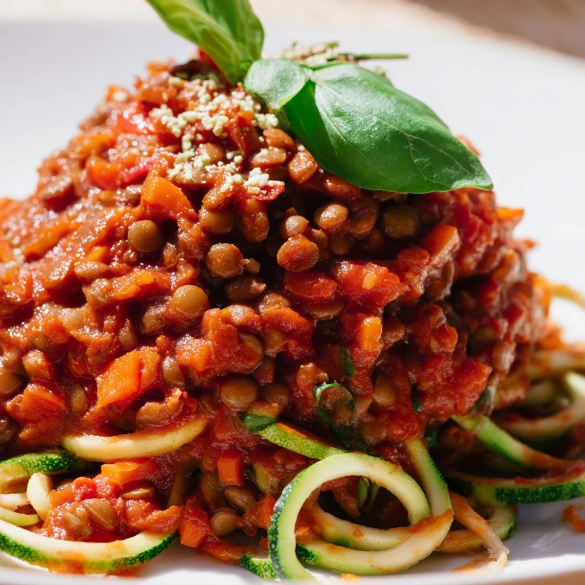 Vegan Lentil Bolognese with Zucchini Noodles is served warm in a white bowl, topped with fresh basil and vegan parmesan.