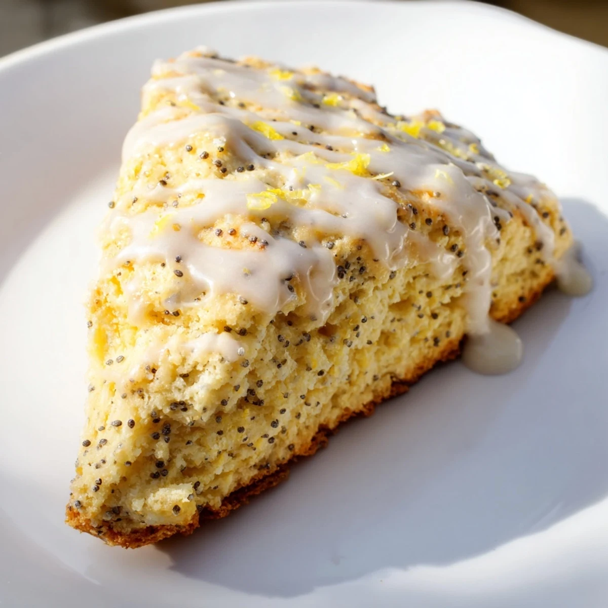 Freshly baked Lemon Poppy Seed Scones cooling on a wire rack, featuring a thick, bright lemon glaze dripping down the golden sides.
