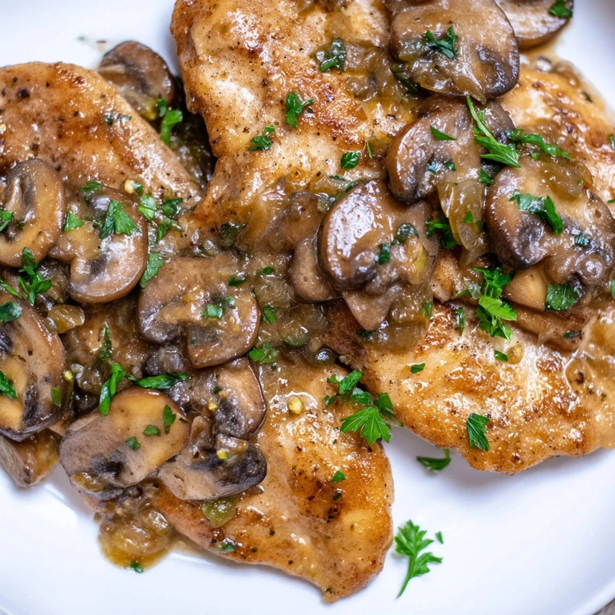 Golden-brown Chicken Marsala with Mushrooms simmering in a rich, savory brown sauce, garnished with fresh parsley and lemon wedges.