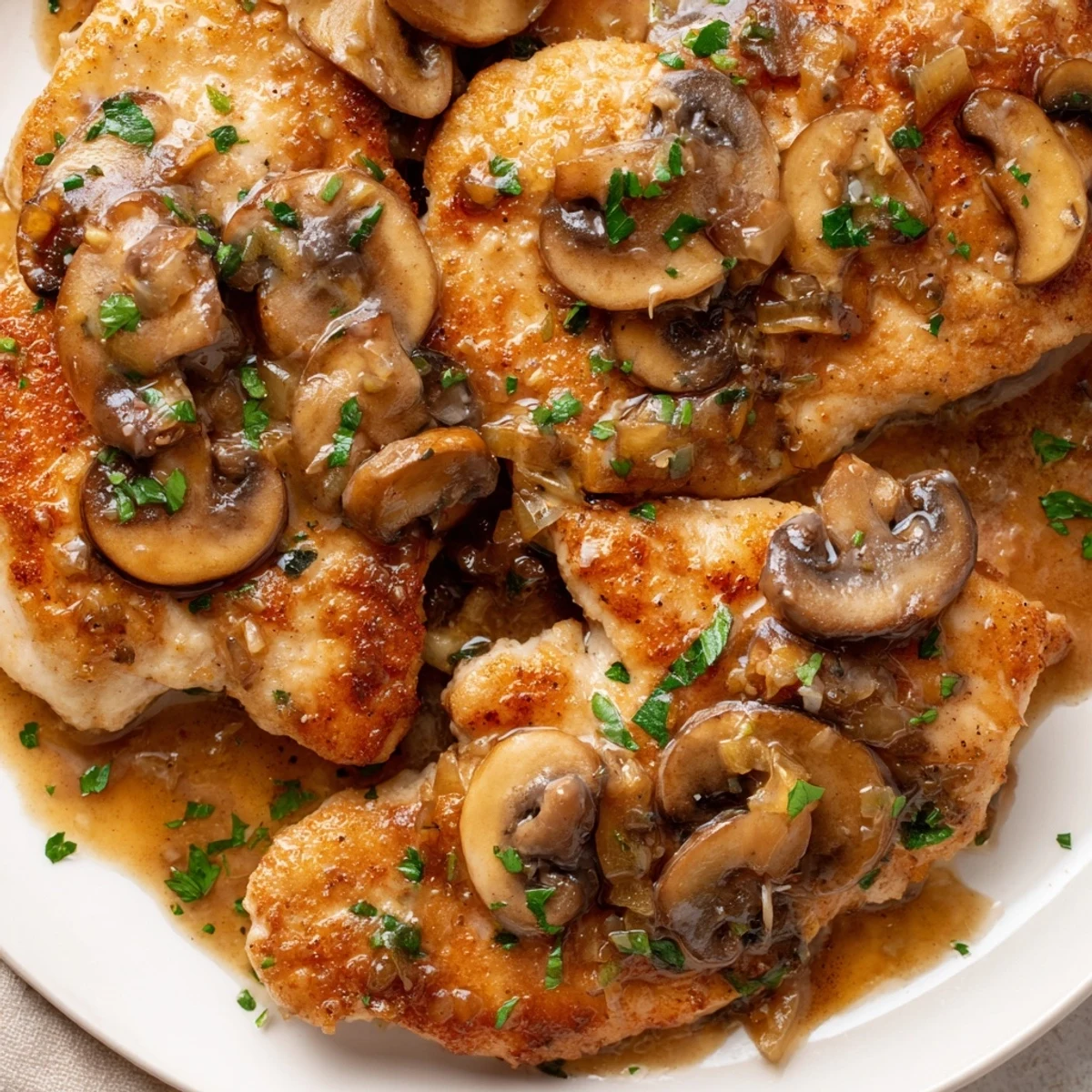 Tender dredged chicken breasts and sautéed mushrooms in a creamy Chicken Marsala sauce, served hot on a rustic white plate.