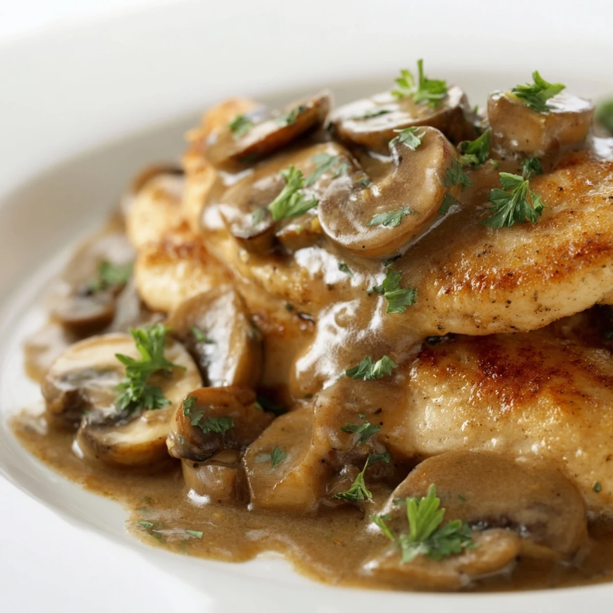 Close-up of Chicken Marsala with Mushrooms, featuring juicy chicken and garlic-infused sauce, paired with a side of steamed green beans.