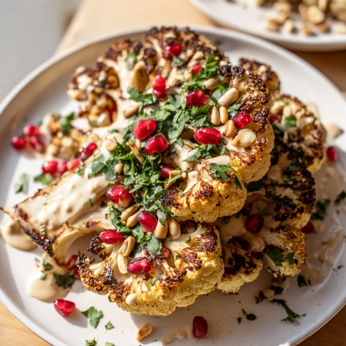 Golden roasted cauliflower steaks with creamy tahini dressing garnished with parsley and pine nuts.