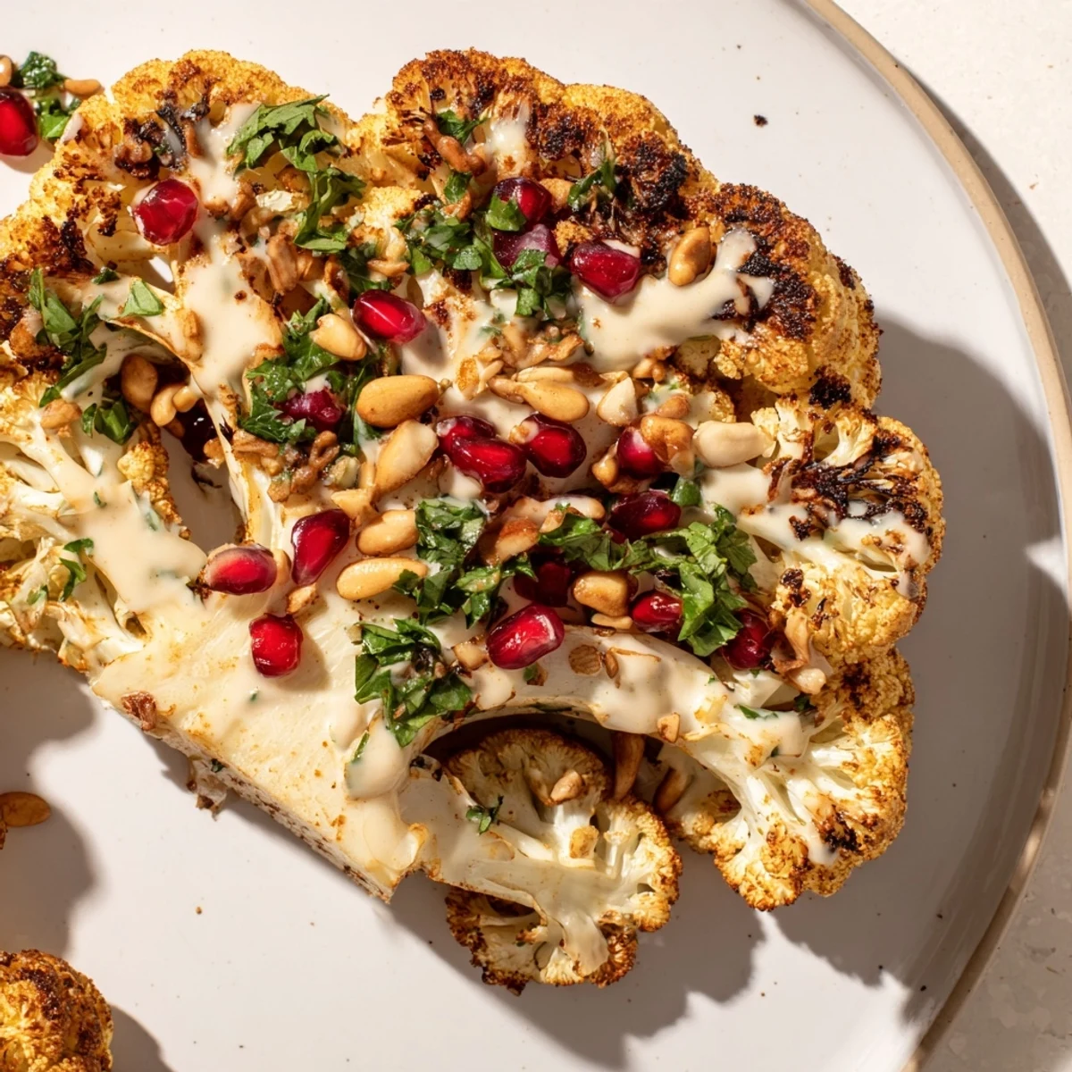 Thick-cut roasted cauliflower steaks served on a plate with tahini dressing for a plant-based dinner.